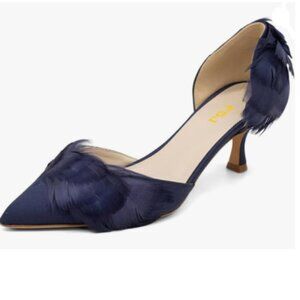Elegant Navy Blue Feathered Women's Heels